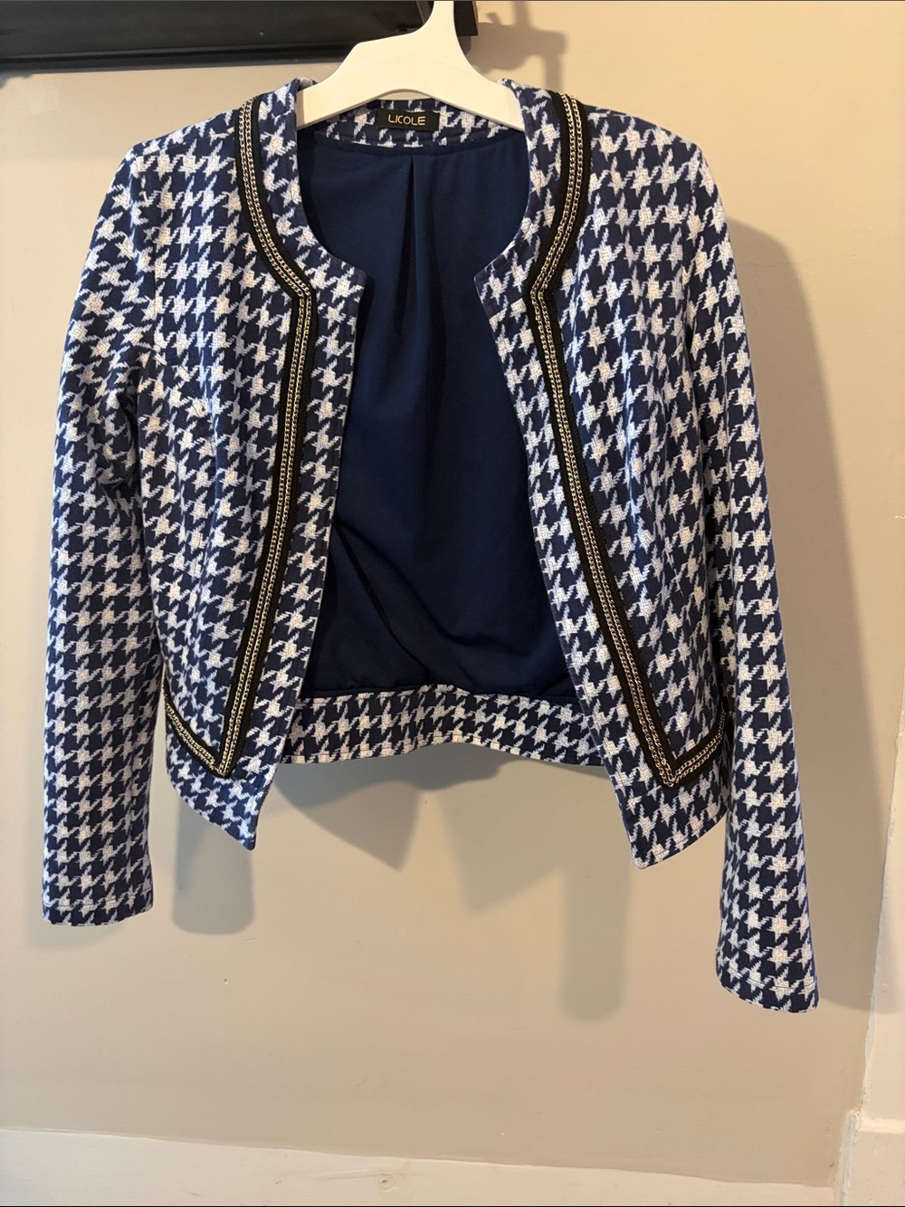 LICOLE‎ Navy & White Houndstooth Open Front Cropped Blazer Jacket Gold Trim